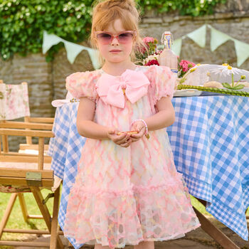 Girls White & Pink Tulle Bow Dress