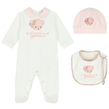 Baby Girls Ivory & Pink Teddy Babygrow Set