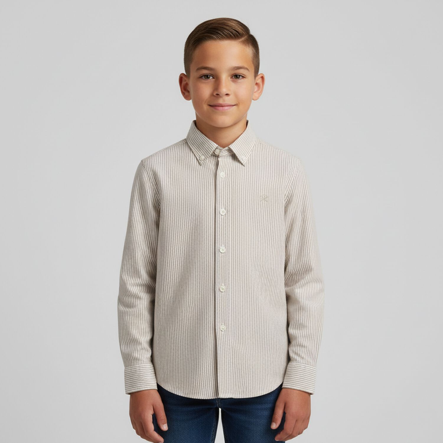 Boys Beige Logo Stripe Shirt, 1, hi-res