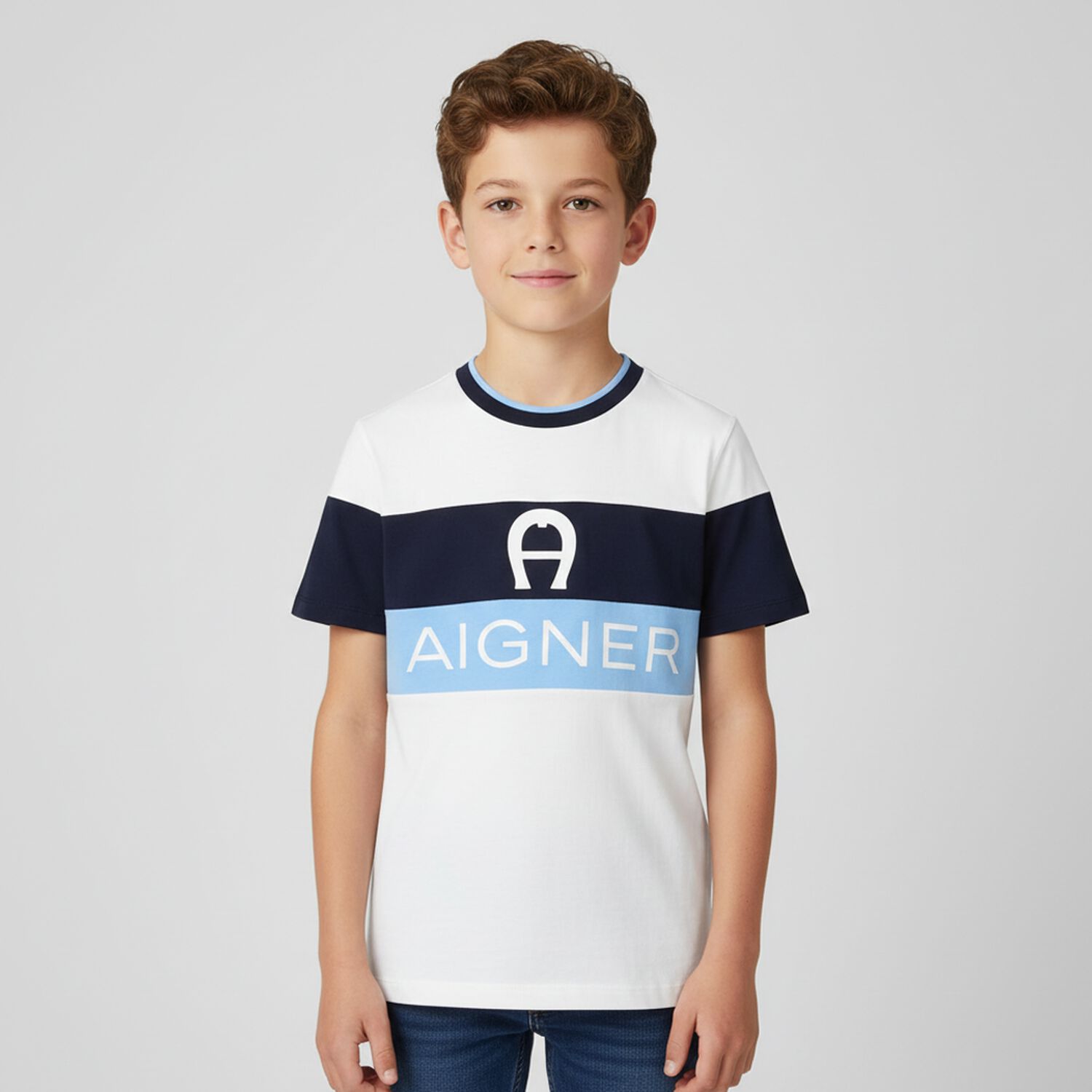 Boys White, Navy & Light Blue Logo T-Shirt, 3, hi-res image number null