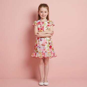 Girls Pink & Red Embroidered Floral Dress 