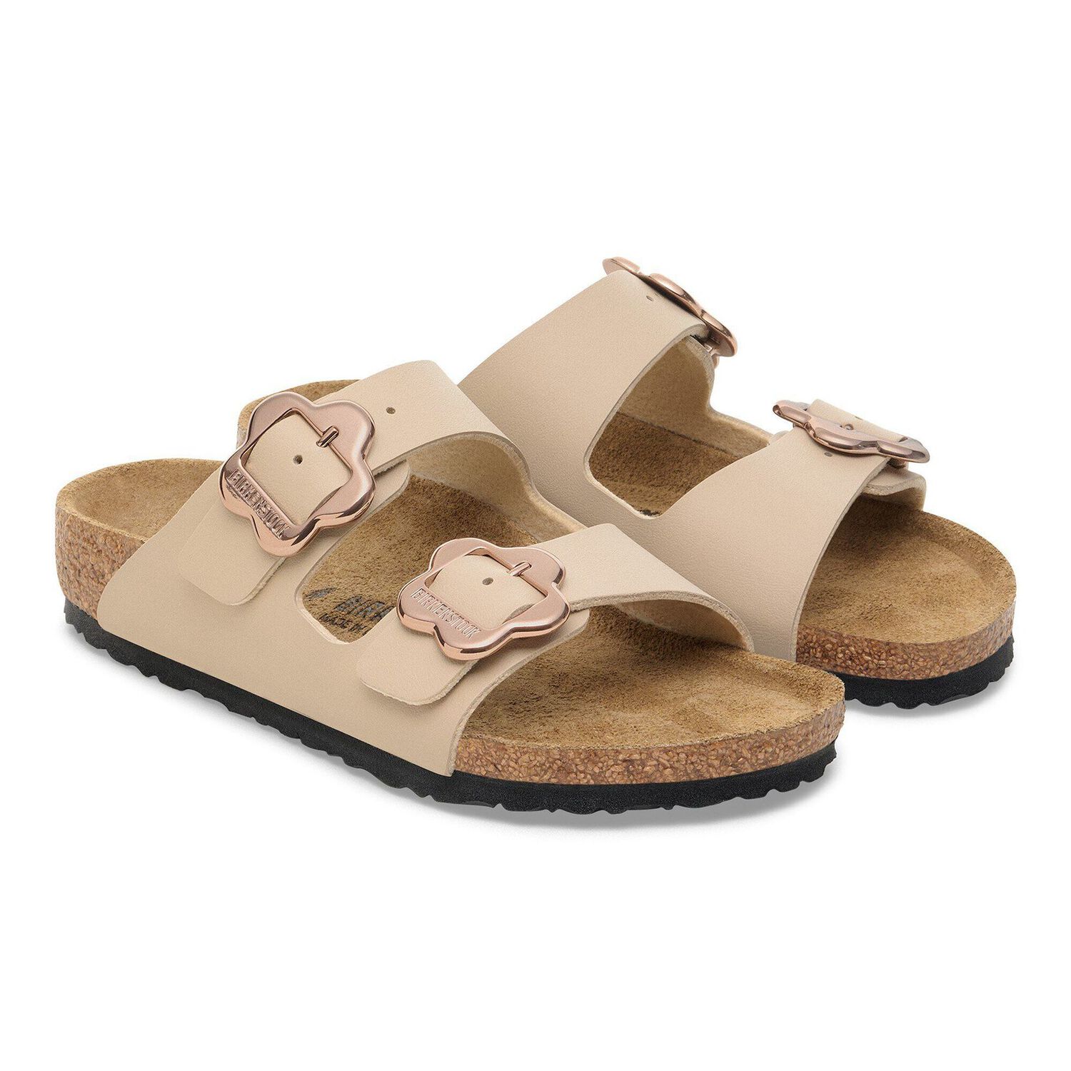Girls Beige Arizona Flower Buckle Sandals, 1, hi-res
