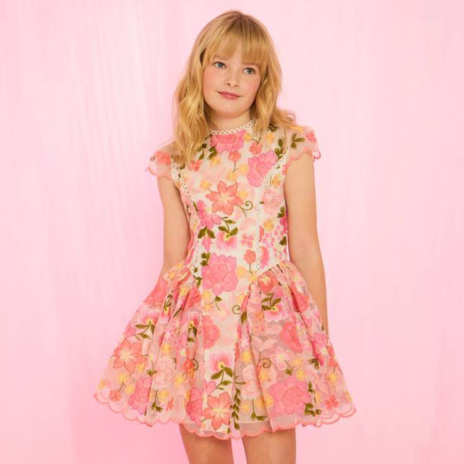 Girls Pink Embroidered Floral Dress, 1, hi-res
