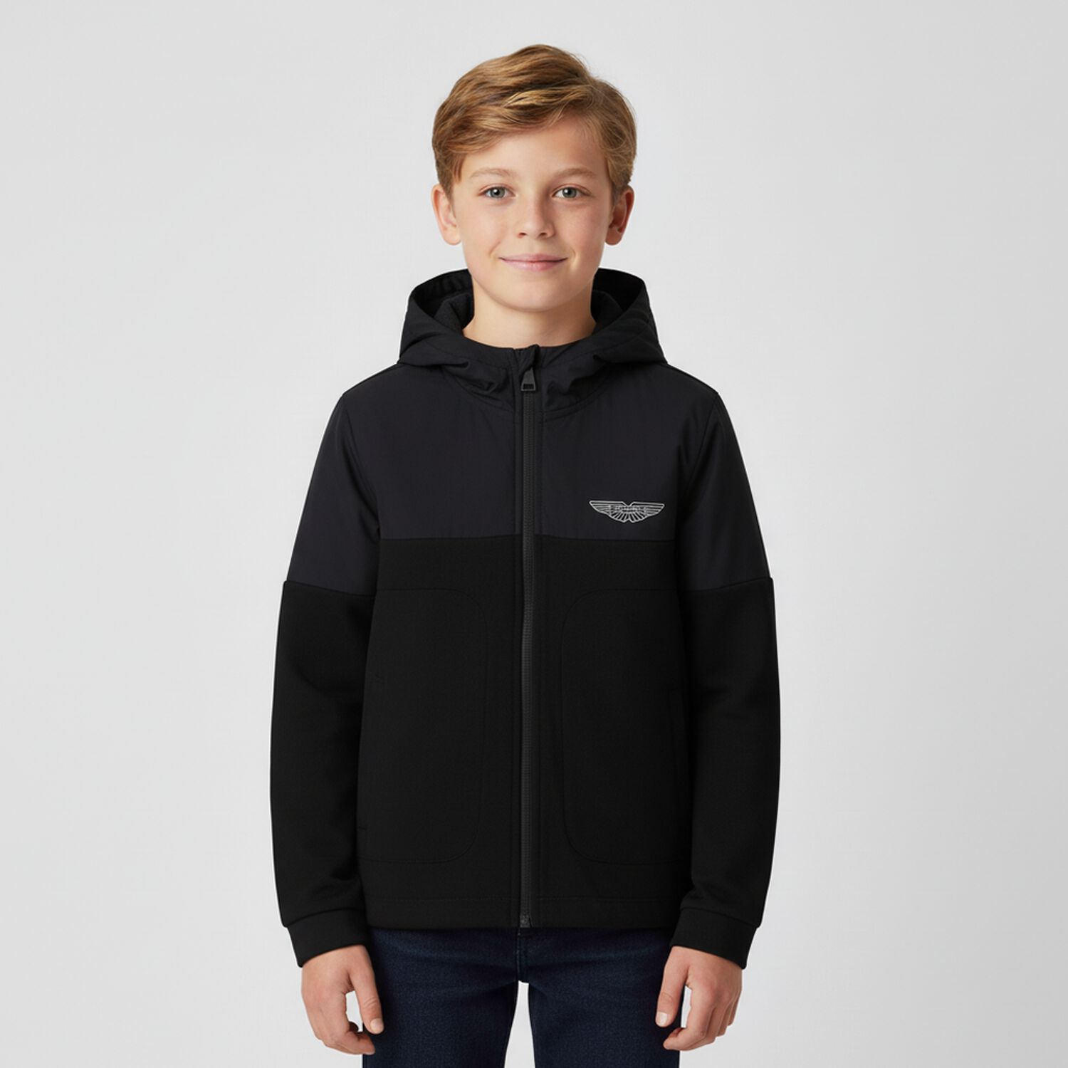 Boys Black Aston Martin Logo Hooded Zip Up Top, 1, hi-res