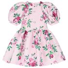 Girls Pink Floral Satin Dress, 1, hi-res