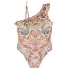 Girls Pink Floral Asymmetric Swimsuit, 1, hi-res