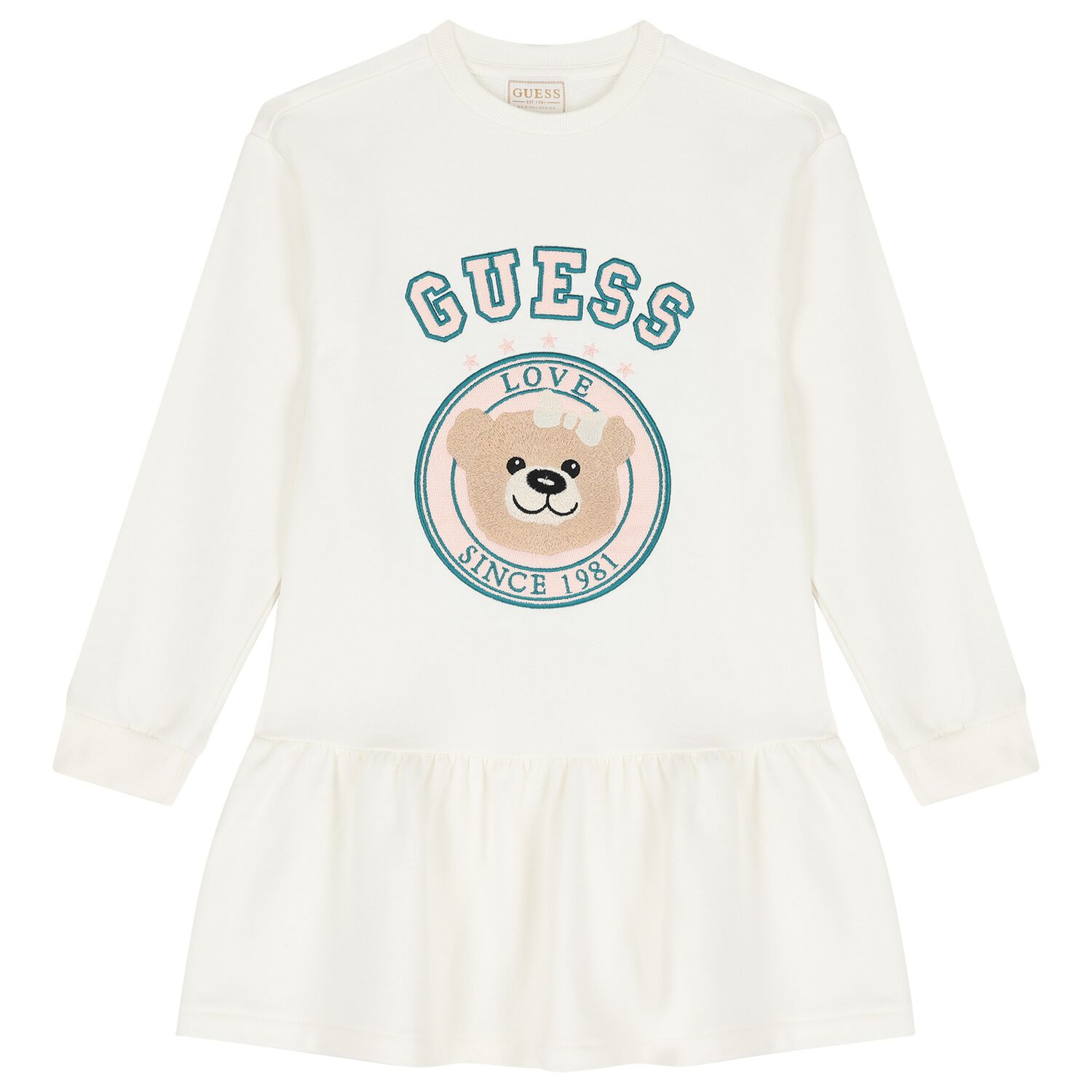 Girls Ivory Teddy Bear Logo Dress, 1, hi-res