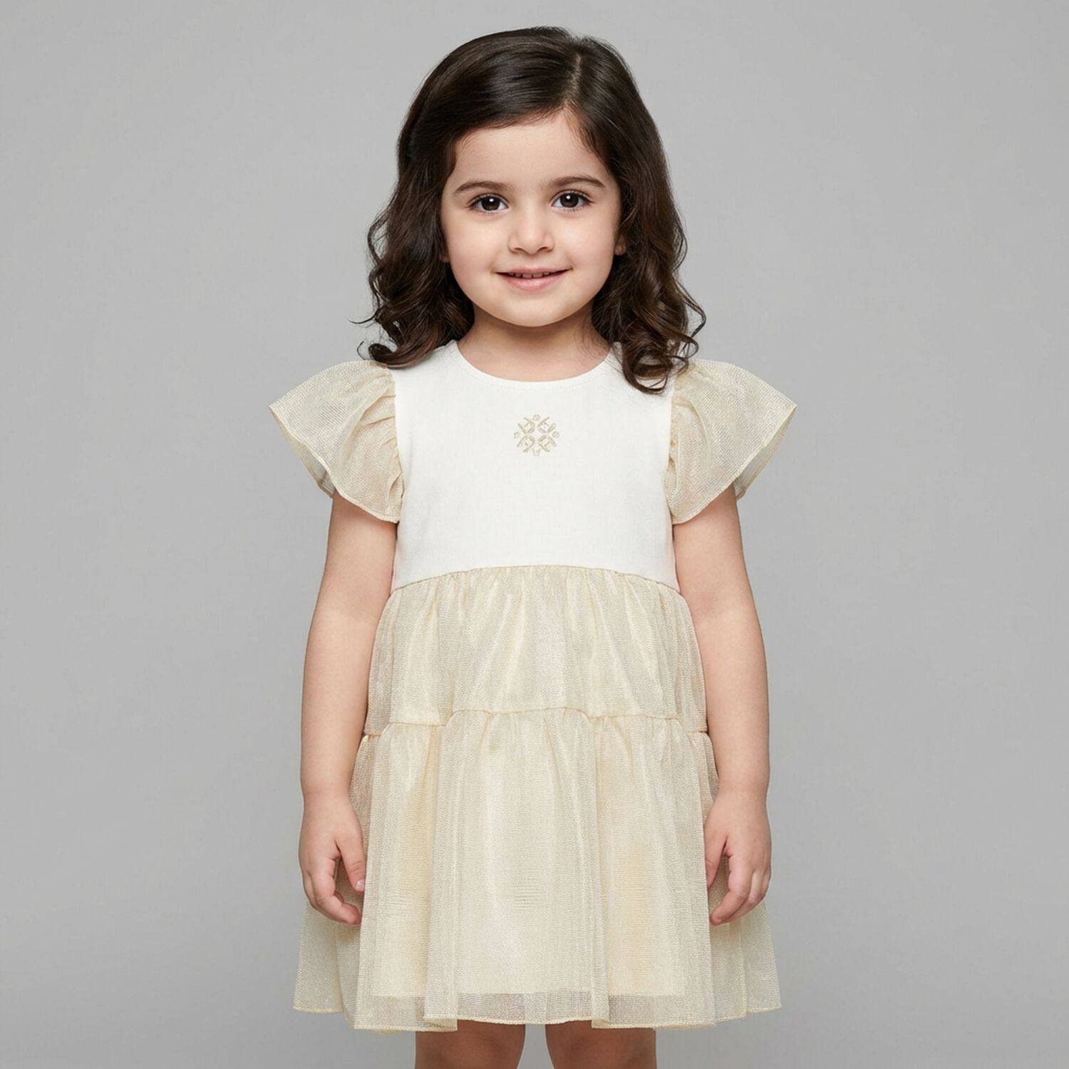 Younger Girls White & Gold Logo Dress, 1, hi-res