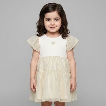 Younger Girls White & Gold Logo Dress