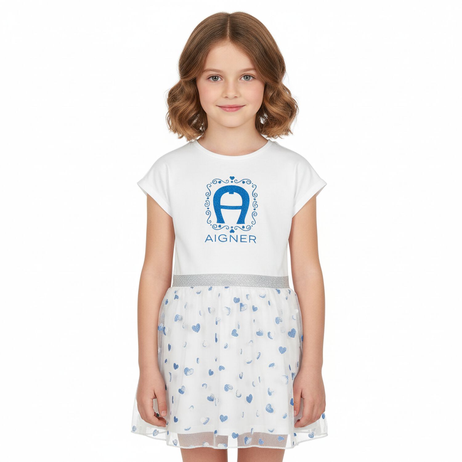Girls White & Blue Logo Dress, 1, hi-res image number null