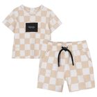 Younger Beige & White Check Shorts Set, 1, hi-res