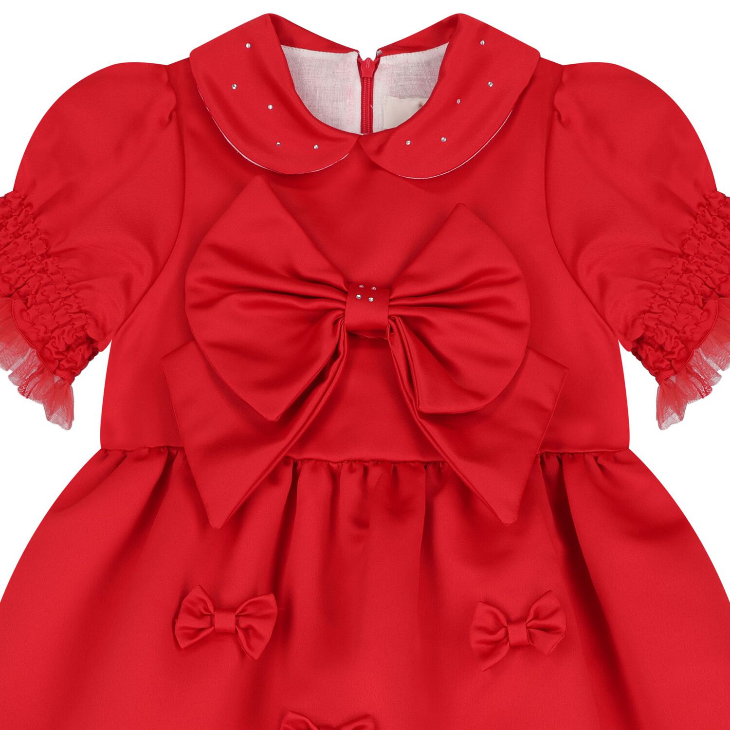 Girls Red Bow Satin Dress & Hairband Set, 1, hi-res