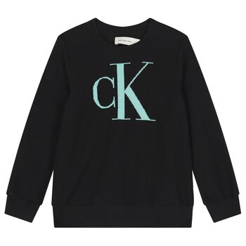 Calvin Klein سترة سوداء محبوكة بشعار للأولاد, 1 سترة سوداء محبوكة بشعار للأولاد