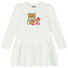 Girls Ivory Teddy Bear Logo Dress, 4, hi-res