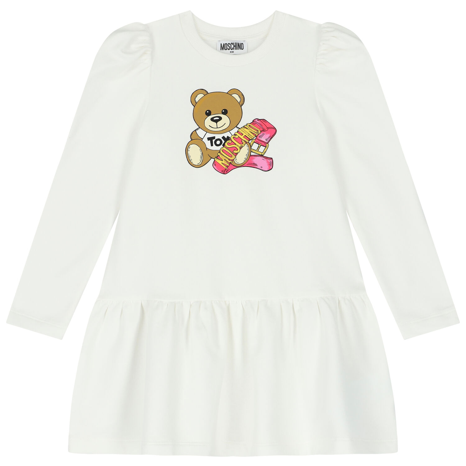 Girls Ivory Teddy Bear Logo Dress, 4, hi-res