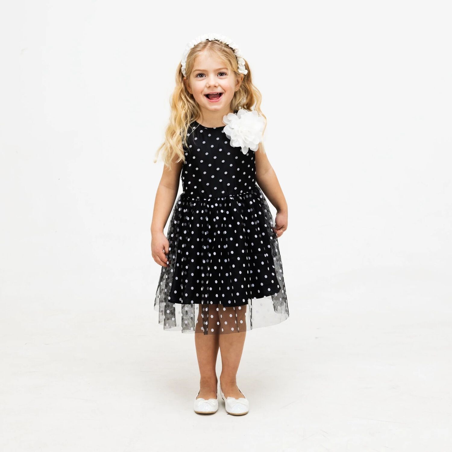 Girls Black Tulle Polka Dot Dress, 1, hi-res image number null