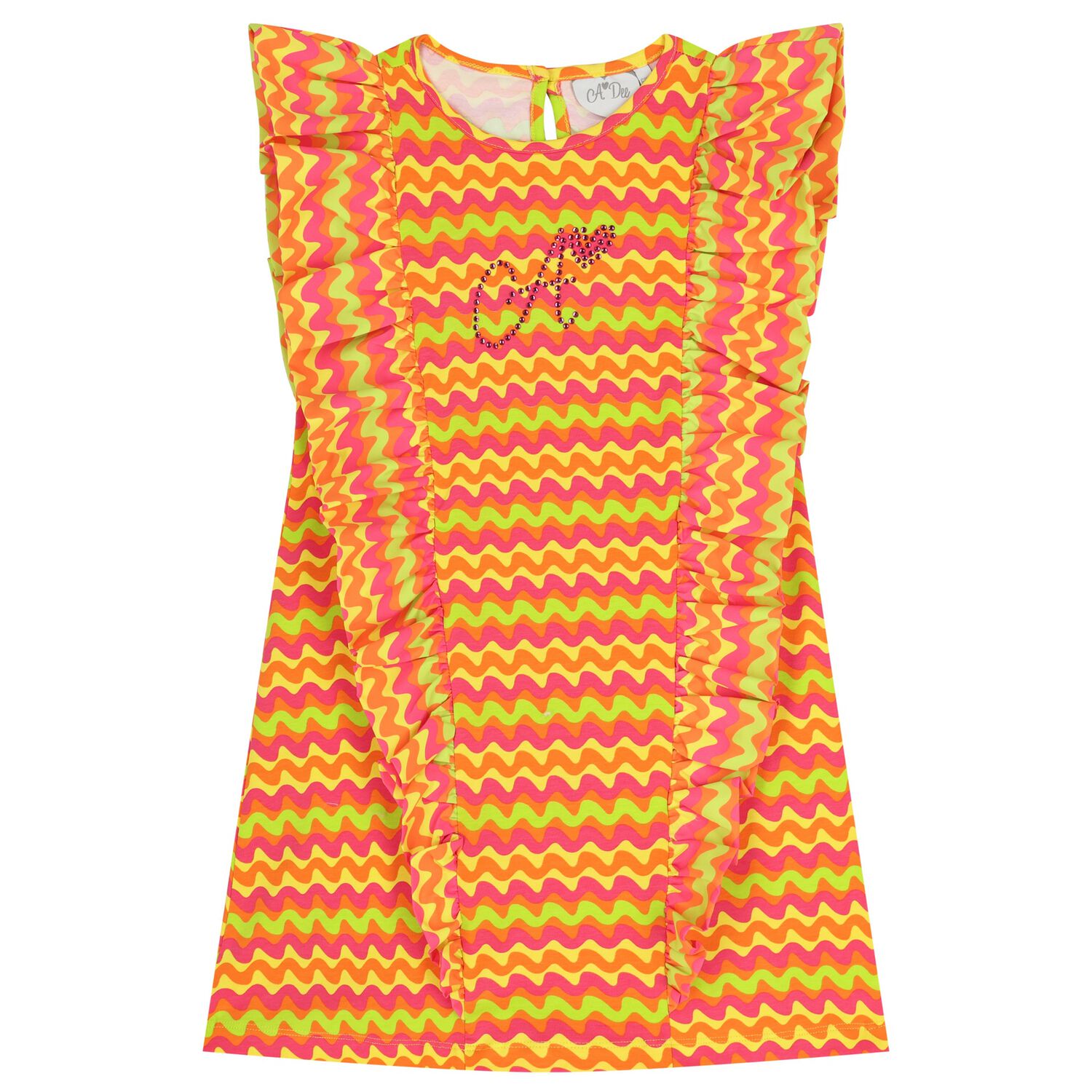Girls Pink & Orange Wavy Stripe Ruffle Dress, 1, hi-res