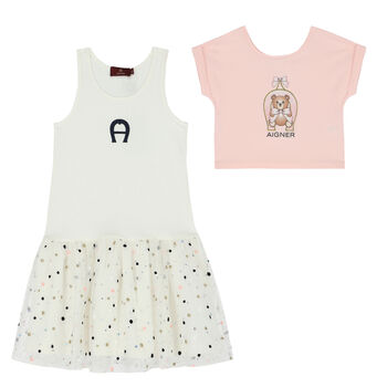 Girls Pink & White Logo Tulle Dress Set