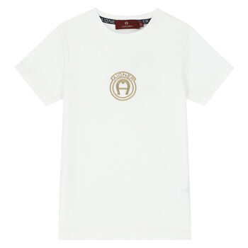 Boys White Embroidered Logo T-Shirt