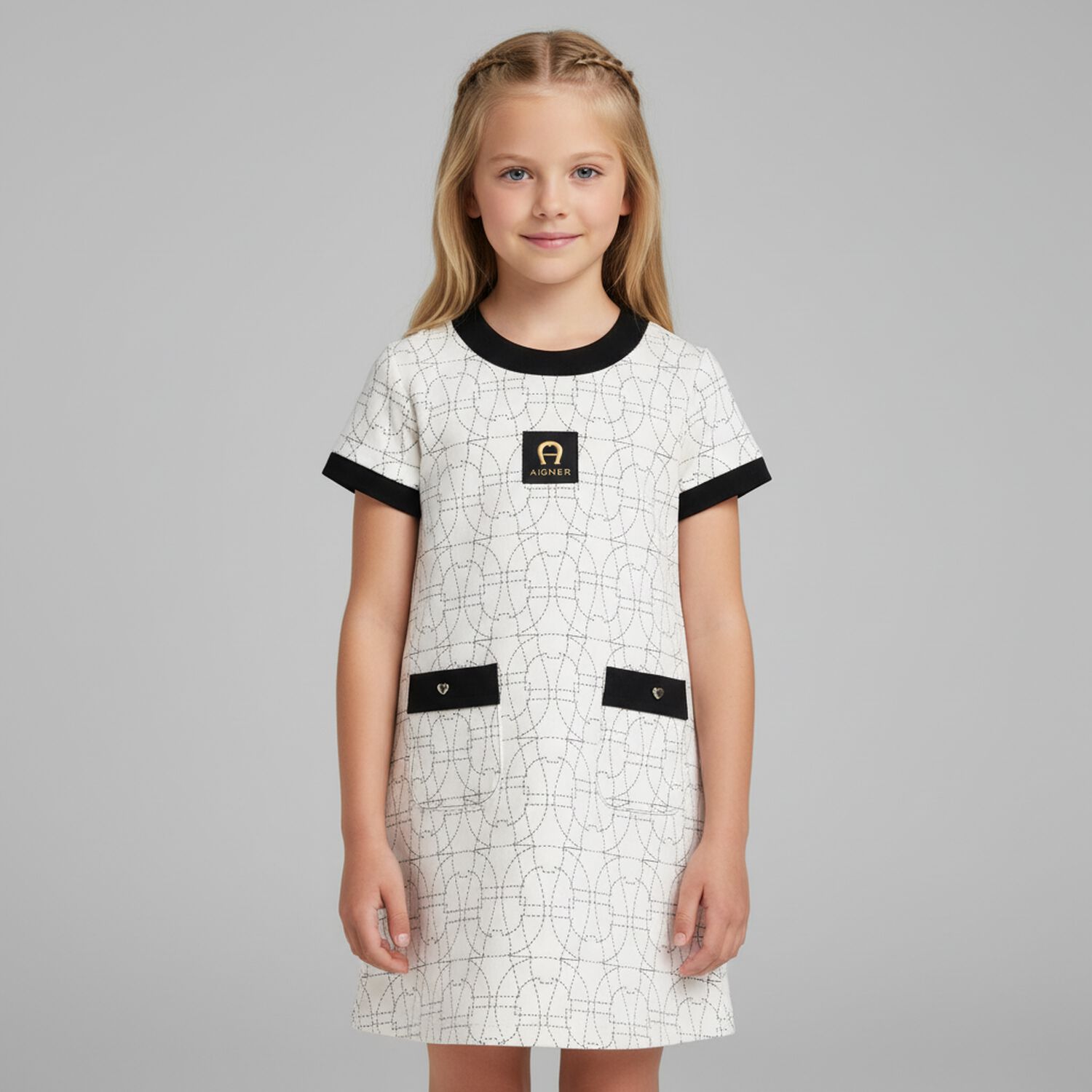 Girls Ivory & Black Logo Dress, 1, hi-res