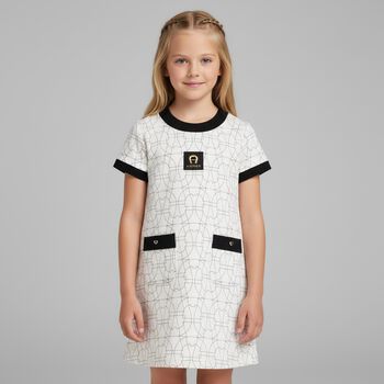 Girls Ivory & Black Logo Dress