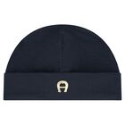 Boys Navy Blue & Gold Logo Babygrow & Hat Gift Set, 1, hi-res