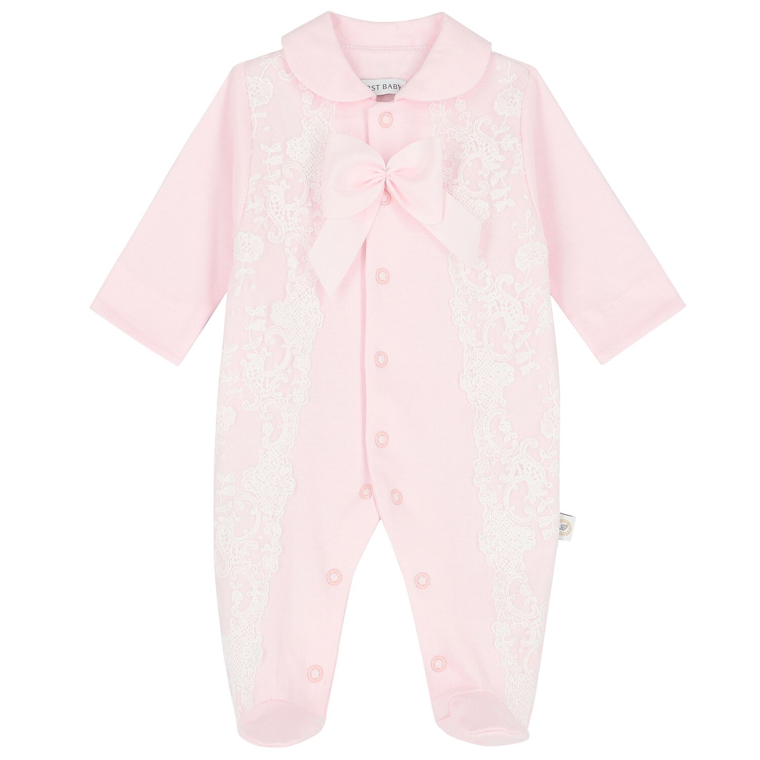 Baby Girls Pink Lace & Bow Babygrow, 2, hi-res