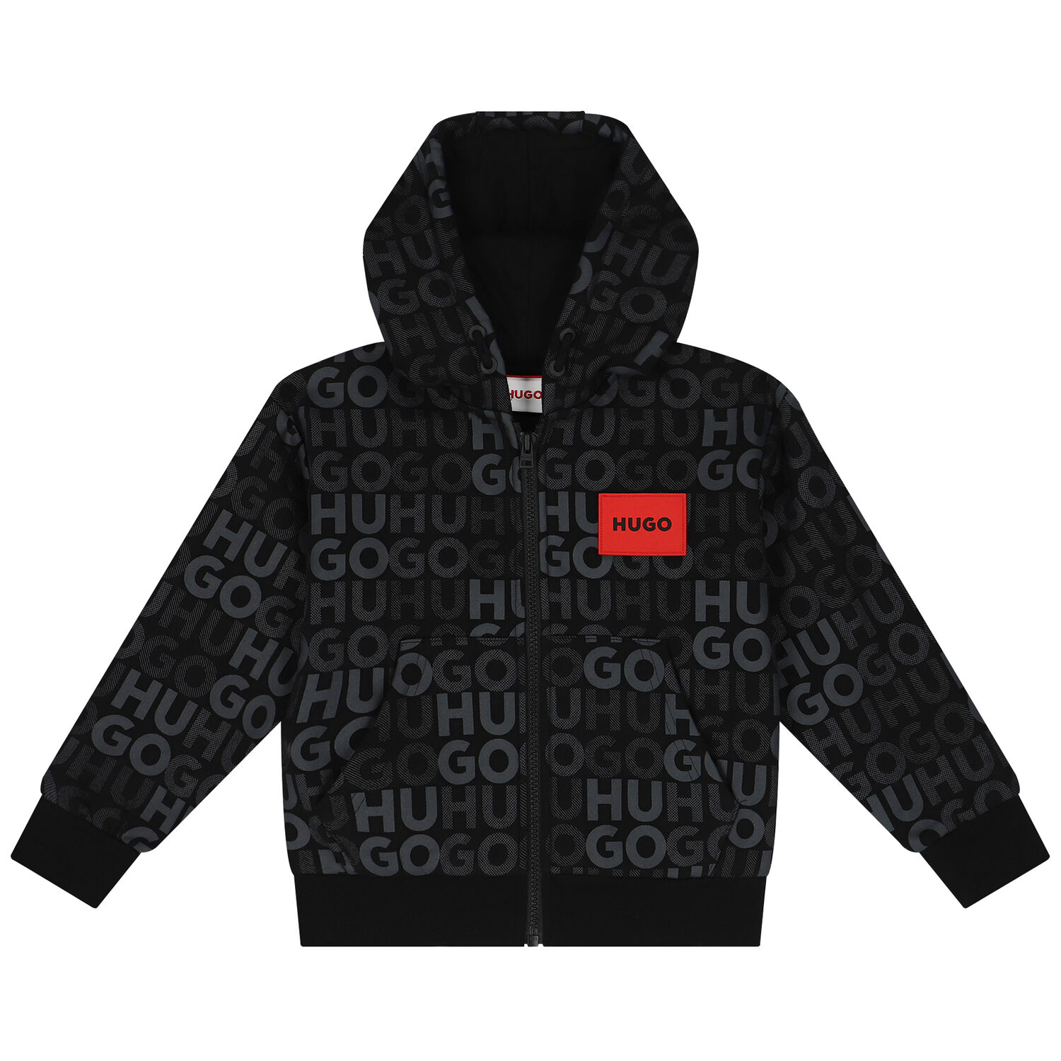 Boys Black Logo Hooded Zip Up Top, 1, hi-res