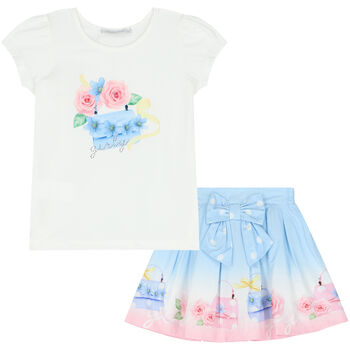 Girls Ivory & Blue Floral Skirt Set