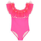 Girls Pink Ruffle Pom-Pom Swimsuit, 1, hi-res