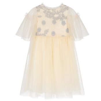 Girls Ivory & Silver Embroidered Tulle Dress 