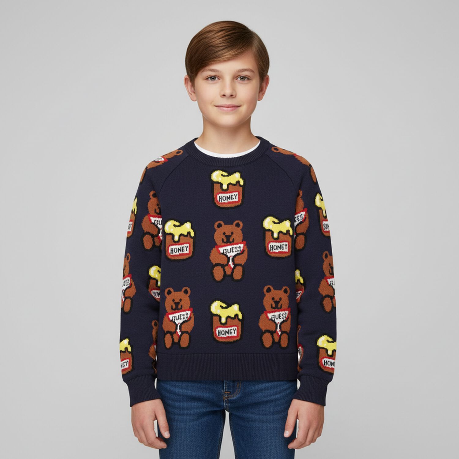 Boys Navy Blue Teddy Bear Sweatshirt, 1, hi-res