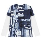 توب باكمام بالشعار باللون الابيض والازرق للاولاد, 2, hi-res