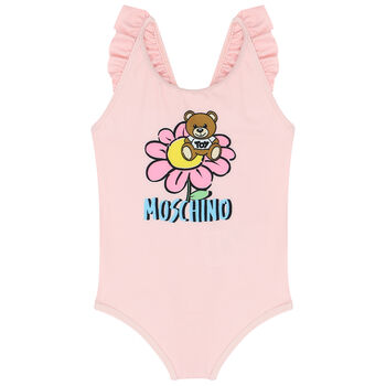 Younger Girls Pink Teddy Bear Logo Swimsuit