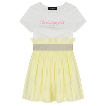 فستان بناتي باللونين الابيض و الاصفر بالشعار 