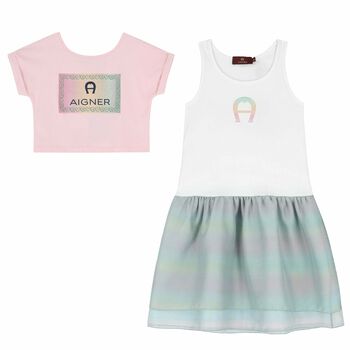 Girls Pink, White & Green Logo Dress Set