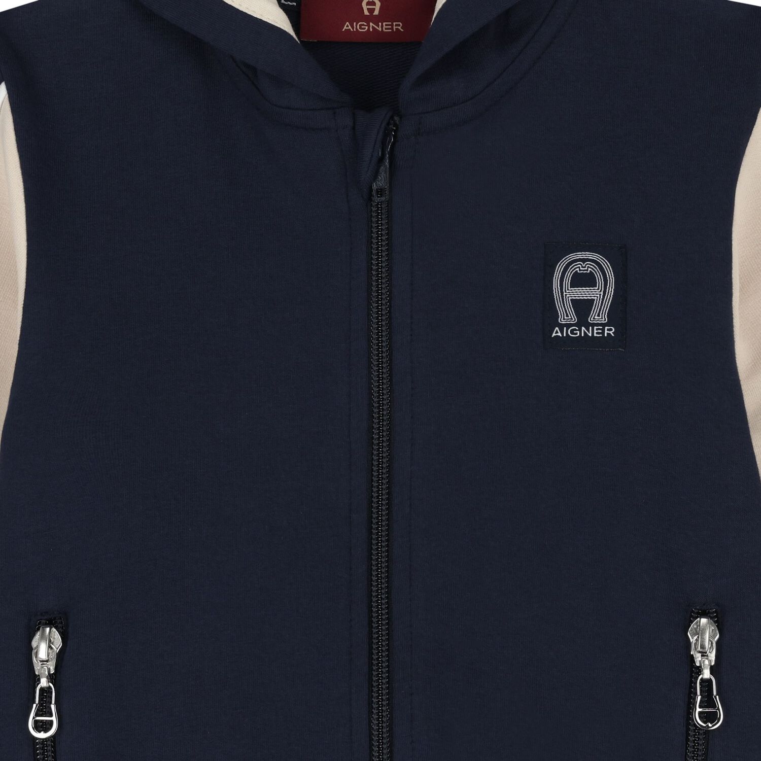 Younger Boys Navy Blue & Beige Logo Hooded Zip Up Top, 1, hi-res image number null