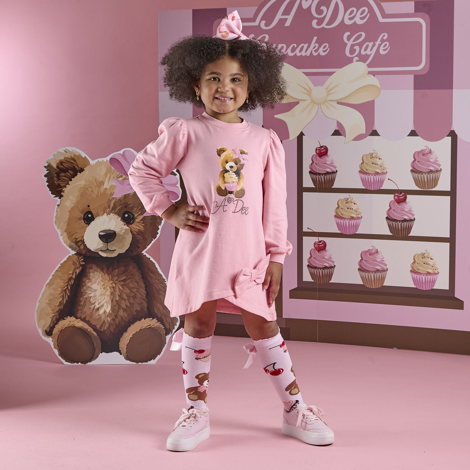 Girls Pink Logo Teddy Bear Sweatshirt Dress, 1, hi-res