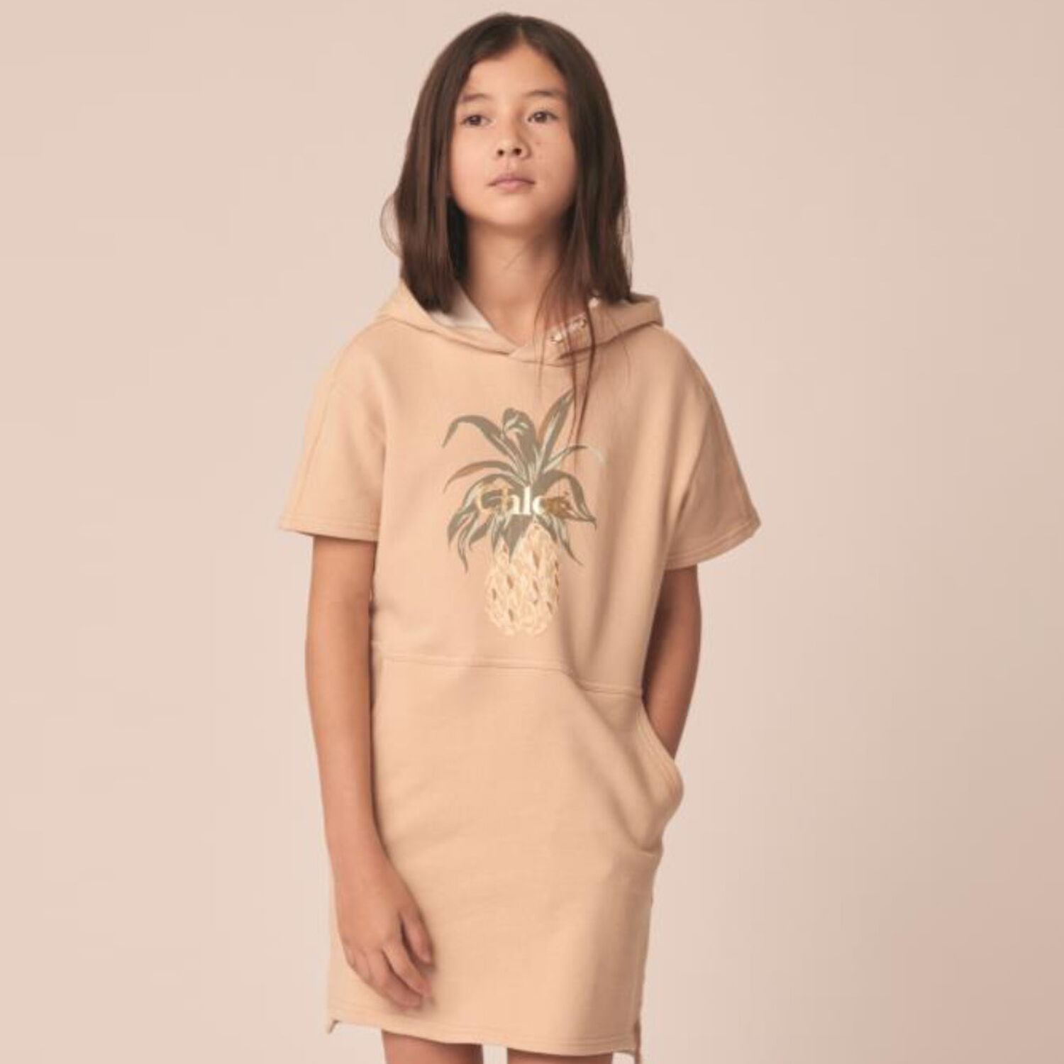Girls Beige Pineapple Hooded Dress, 1, hi-res image number null