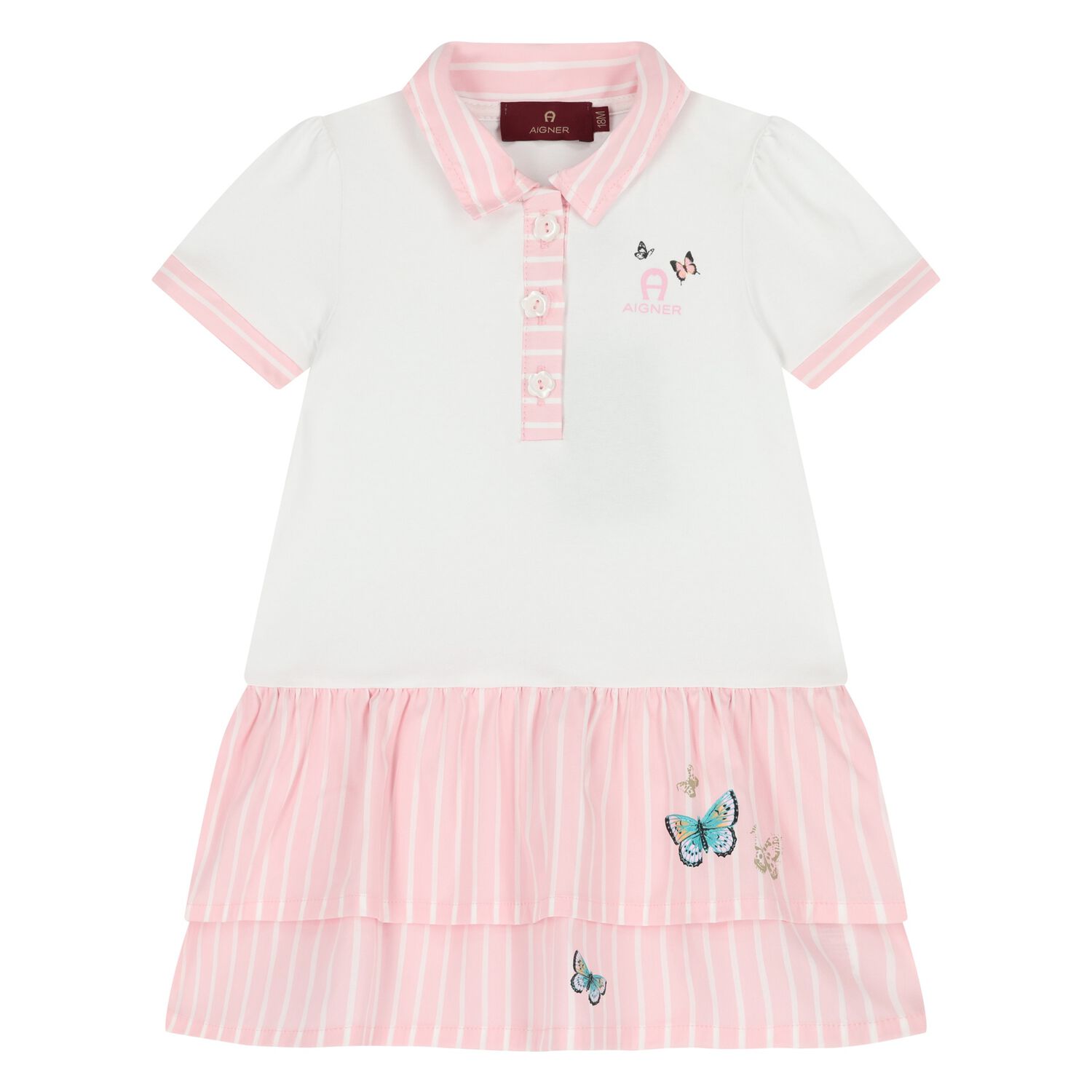 Younger Girls White & Pink Butterflies Logo Dress, 1, hi-res