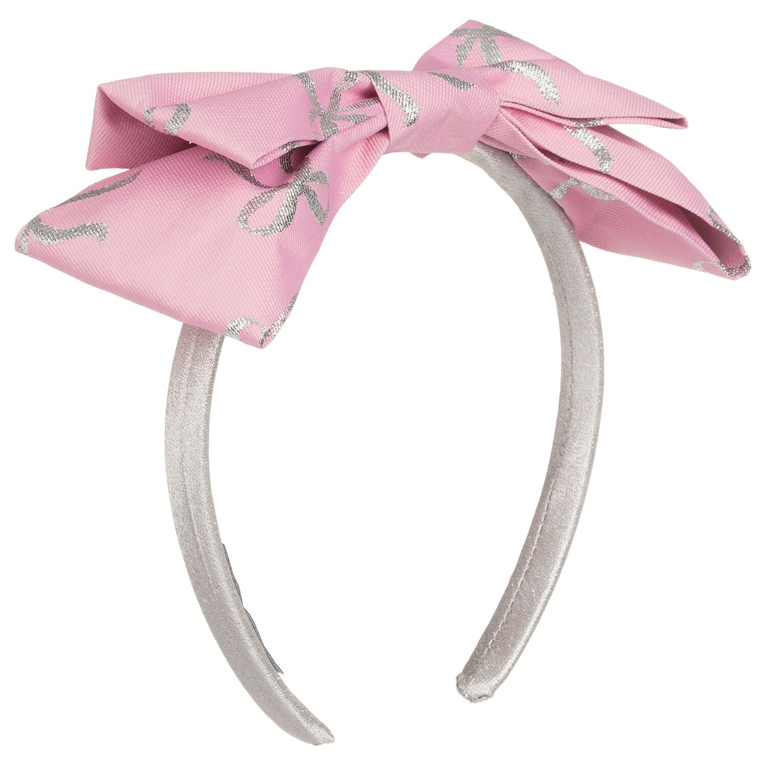 Girls Silver & Pink Bow Headband, 1, hi-res