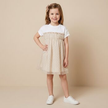 Younger Girls White & Beige Logo Dress