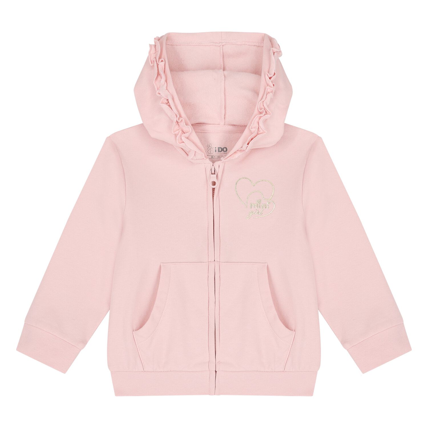 Younger Girls Pink Ruffled Hooded Zip Up Top, 1, hi-res