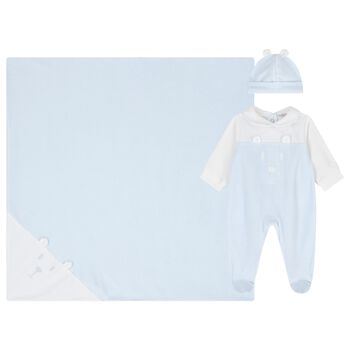 Baby Boys White & Blue Teddy Bear Babygrow Gift Set
