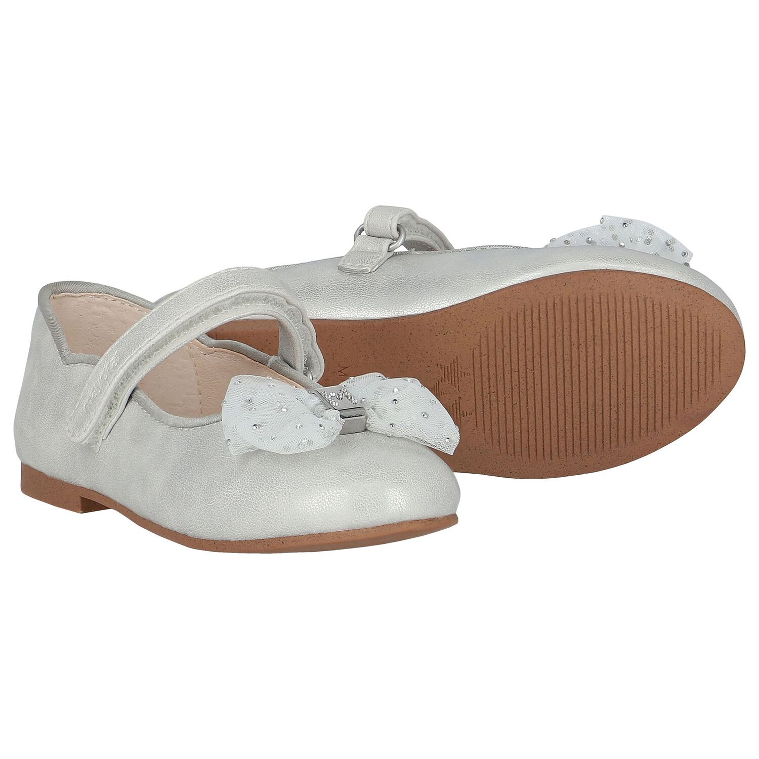 Girls Silver Bow Shoes, 2, hi-res