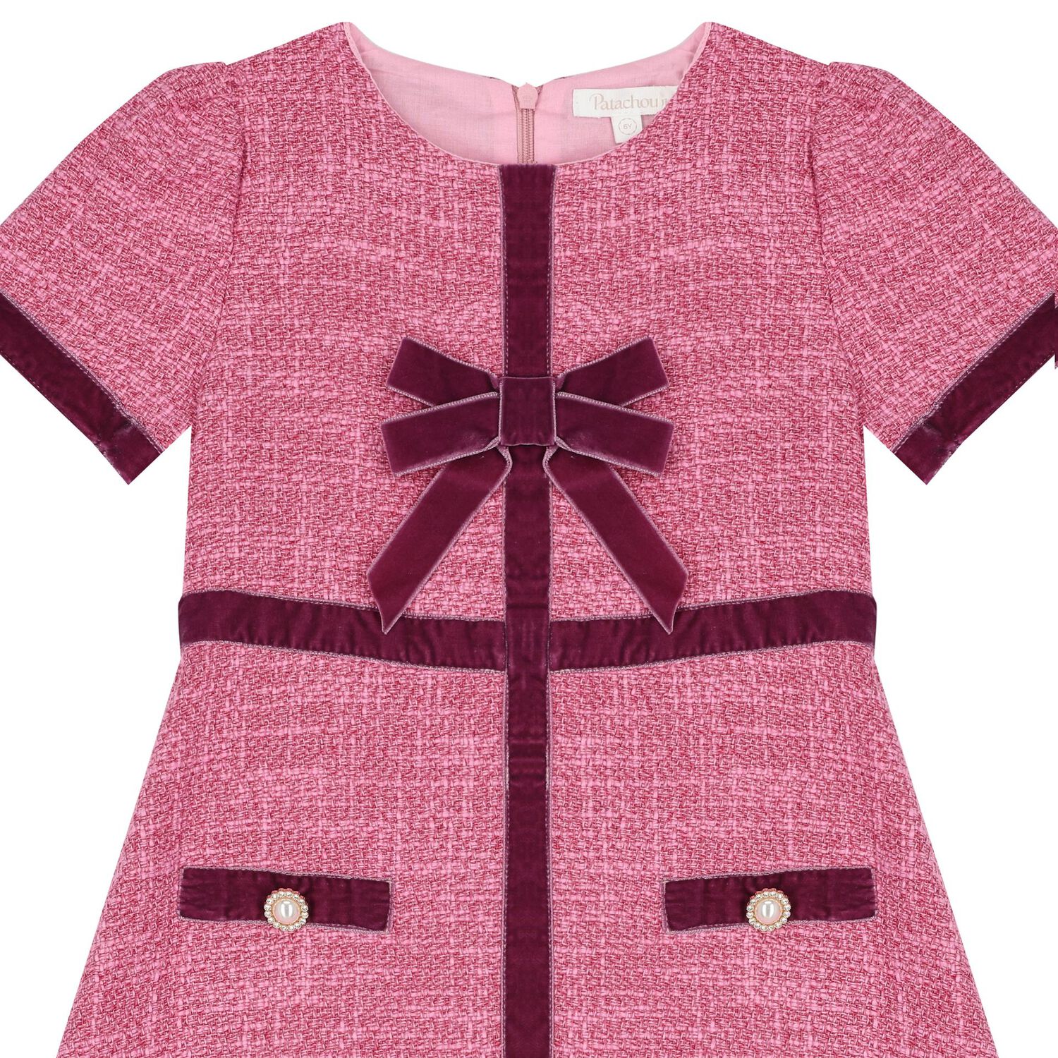 Girls Pink Tweed & Velvet Bow Dress, 2, hi-res
