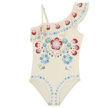 Girls Beige Shell Ruffled Swimsuit