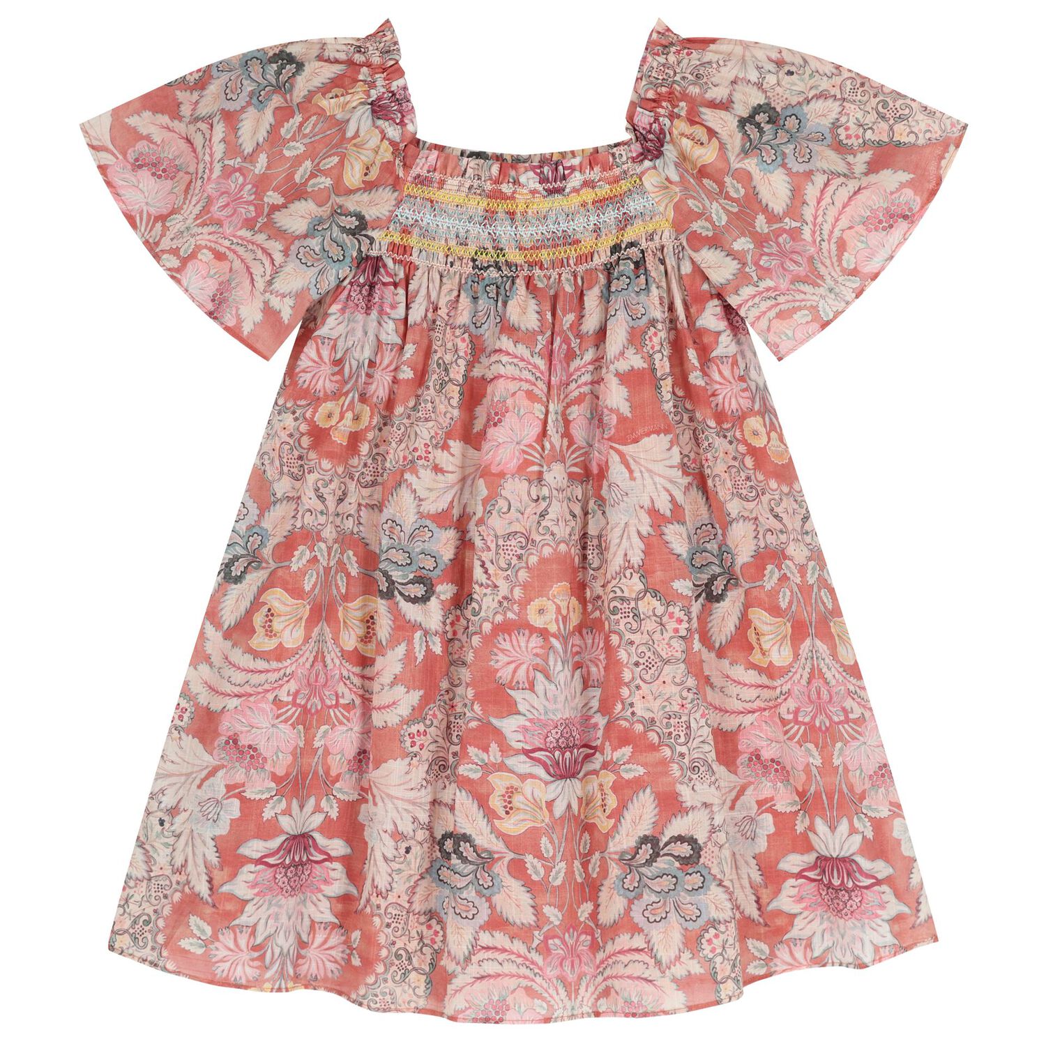Girls Pink Floral Shirred Dress, 1, hi-res