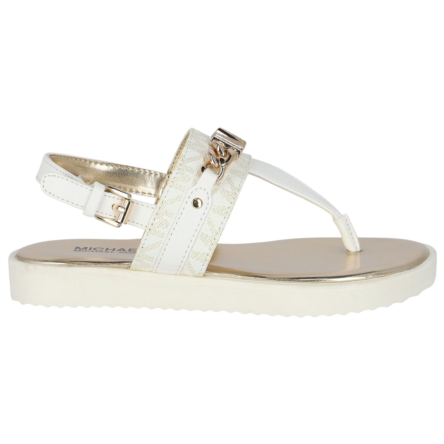 Girls Ivory & Gold Logo Sandals, 1, hi-res