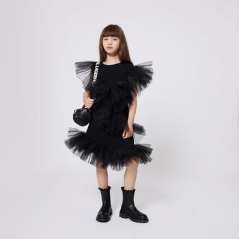 Girls Black Logo Tulle Ruffle Dress